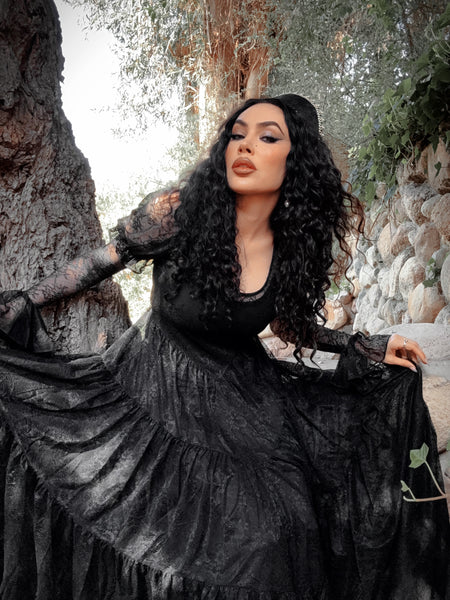 Juliet Sheer Lace Maxi Dress in Black