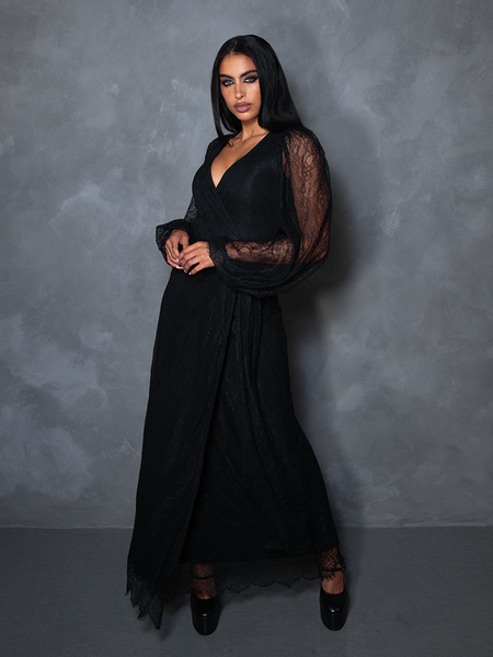 PRE-ORDER - Black Widow Wrap Gown in Black Lace