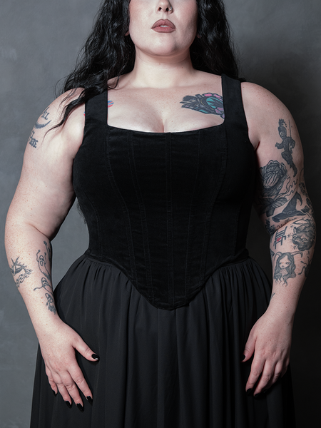 A close-up of the Countess black velvet corset, showcasing its rich, midnight-dark texture and structured boning that embodies timeless Victorian Goth elegance.