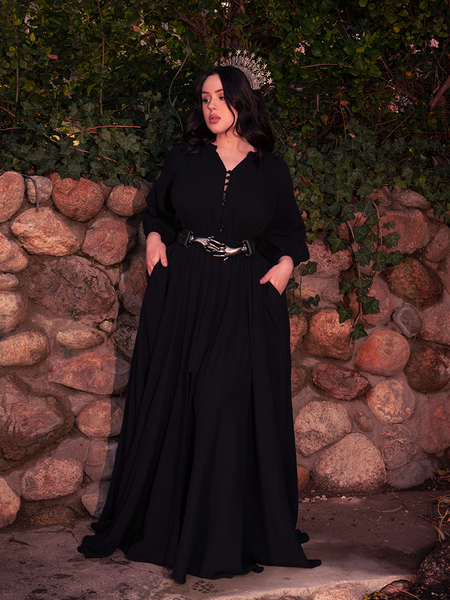 A close look at the gothic dress reveals a texture as soft as shadows and rich as ritual.