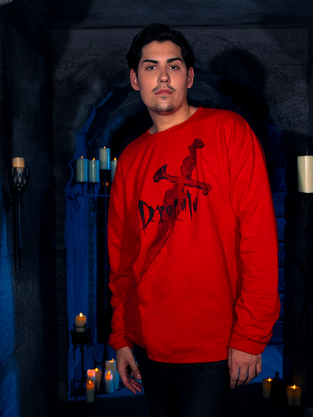 With an air of enchantment, a gorgeous female human model graces us while wearing the "Love Never Dies" Sweatshirt in Red from La Femme en Noir's BRAM STOKER'S DRACULA line.