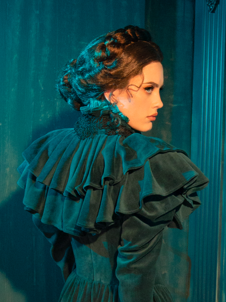 Gothic Clothing | CRIMSON PEAK Lady Lucille Dress with Victorian Capelet in Teal La Femme En Noir Gothic Clothing | CRIMSON PEAK Lady Lucille Dress with Victorian Capelet in Teal La Femme En Noir