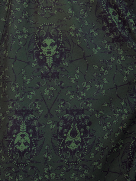 Command the room in this bewitching dress, adorned with Medusa-inspired motifs. The faux wrap silhouette hugs curves in dark sophistication, making it a go-to piece for evening intrigue or artistic gatherings.