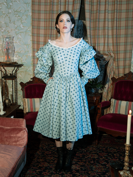A study in elegance, the Nosferatu Ellen Dress features Victorian-inspired tailoring and a dreamy blue floral print, ideal for gothic dreamers.