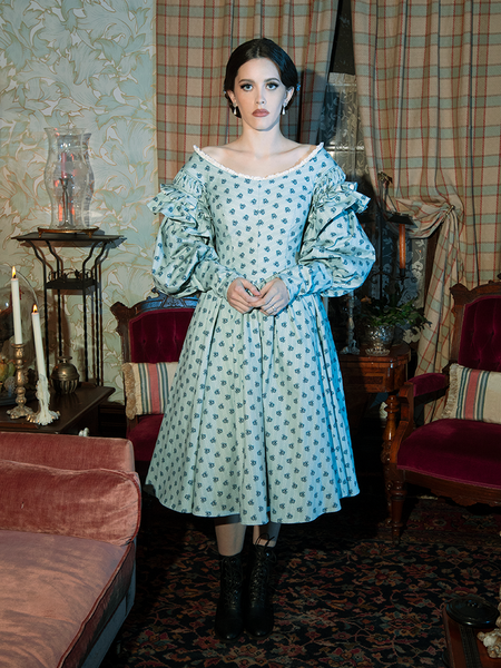 With its soft blue floral design and flowing Victorian cut, the Nosferatu Ellen Dress is a gothic masterpiece for any romantic at heart.