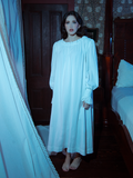 Channel quiet sophistication in this sleeping dress, its flowing ivory fabric and timeless Victorian touches designed for tranquil evenings.