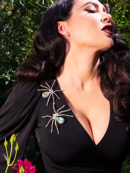 FINAL SALE - Black Widow Rhinestone Spider Brooch - AURORA BOREALIS