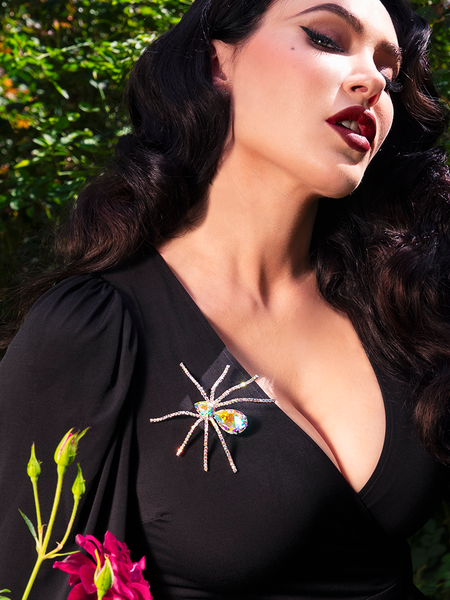 FINAL SALE - Black Widow Rhinestone Spider Brooch - AURORA BOREALIS