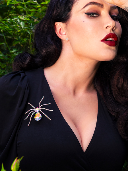 FINAL SALE - Spider Baby Rhinestone Spider Brooch - AURORA BOREALIS