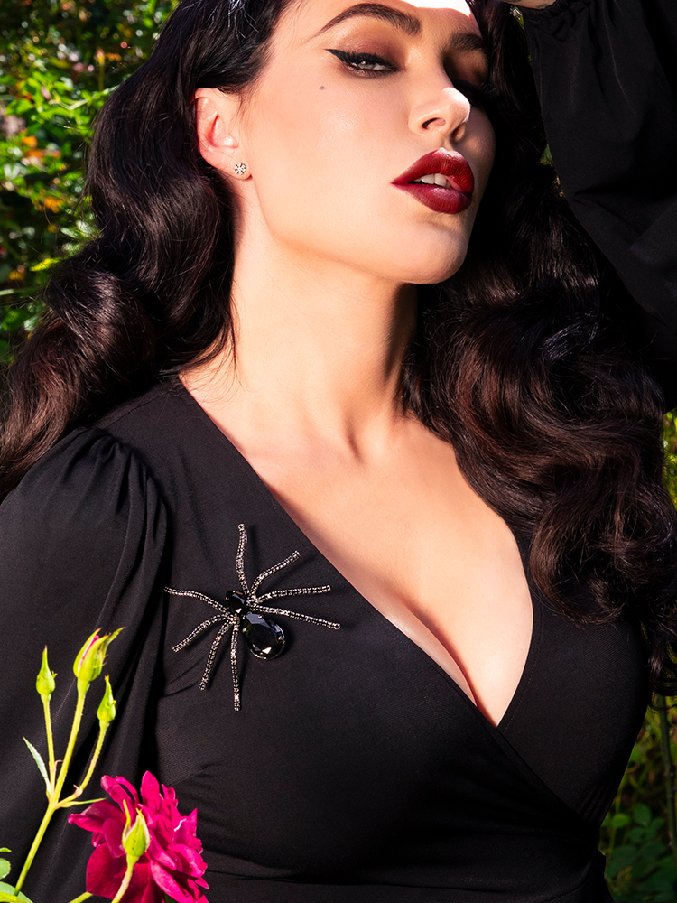 FINAL SALE - Black Widow Rhinestone Spider Brooch - BLACK