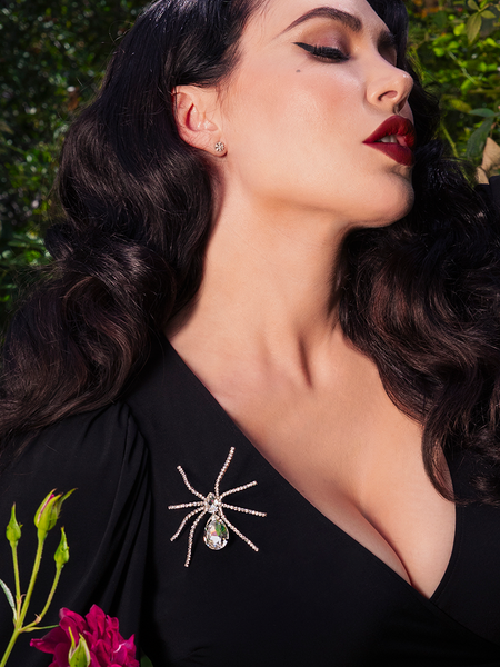 FINAL SALE - Spider Baby Rhinestone Spider Brooch - CRYSTAL