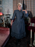 Step into old-world charm with the Victorian Dress in Black and Gray Stripes, featuring a striking striped pattern, lace detailing, and a beautifully tailored silhouette for an authentic period-inspired look.