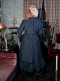 Elegant and mysterious, the Victorian Dress in Black and Gray Stripes is perfect for gothic-inspired wardrobes, featuring intricate details and a silhouette that evokes the beauty of a bygone era.