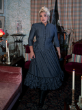 Designed for lovers of antique fashion, the Victorian Dress in Black and Gray Stripes offers a rich, vintage aesthetic with its detailed bodice, elegant high neck, and dramatic full skirt.