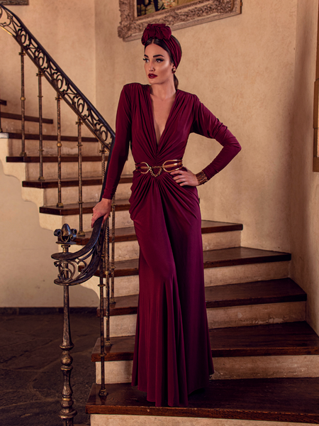 Art Deco Rusched Gown in Crimson Gothic Style Dresses La Femme