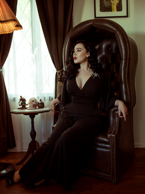 Model Rachel Sedory wearing the Black Widow Palazzo Pants in Black.
