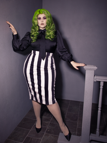 The Bowie Blouse w/Matching Tie in Black Charmeuse being worn by a female model.