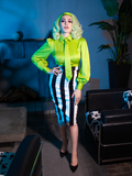 Full length shot of Micheline Pitt posing in the Bowie Blouse w/Matching Tie in Lime Charmeuse.
