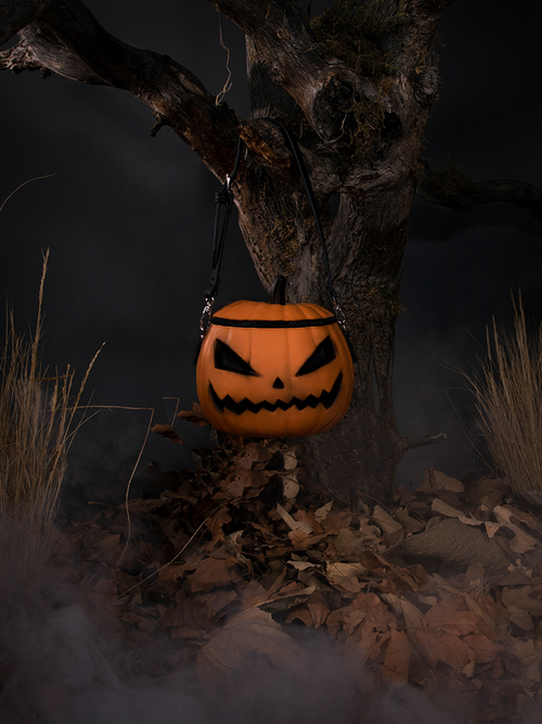 The Sleepy Hollow Baby Pumpkin bag pictured hanging from an old spooky tree among dead leaves and fog.