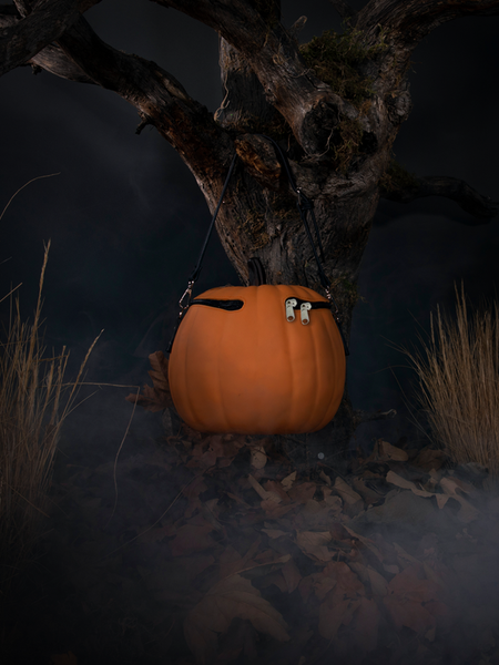 The back of the Sleepy Hollow Pumpkin bag hanging from an old spooky tree.