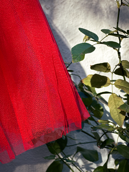 Close up on the fabric on the Vintage Style Crinoline in Red From goth clothing brand La Femme en Noir