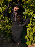 Micheline Pitt wearing the Salem Top in Black coupled with other black gothic retro clothing pieces to make up a gorgeously gothic look.
