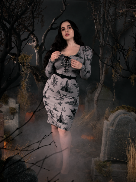 Sleepy Hollow Gothic Tales Toile Wiggle Dress in Grey Goth