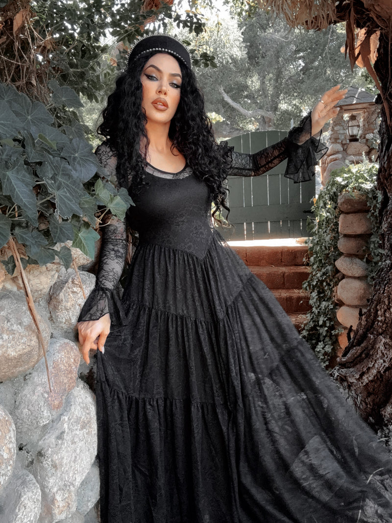 Juliet Sheer Lace Maxi Dress in Black
