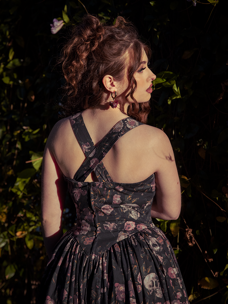 The Ambrosia Dress clings softly, its vintage silhouette a tribute to Victorian grace and modern melancholy—available XS–4X.
