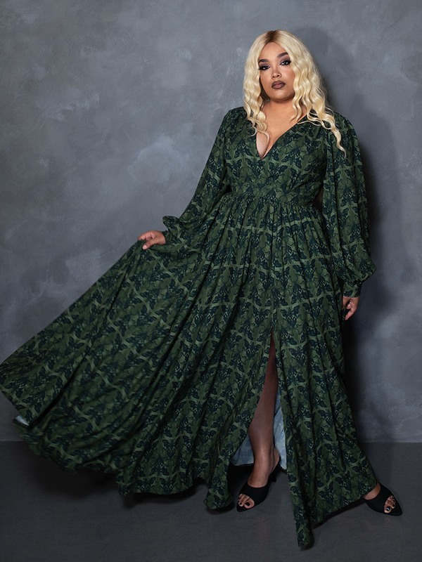 PRE-ORDER - CRIMSON PEAK Belladonna Maxi Dress in Allerdale Moth Wallpaper Print