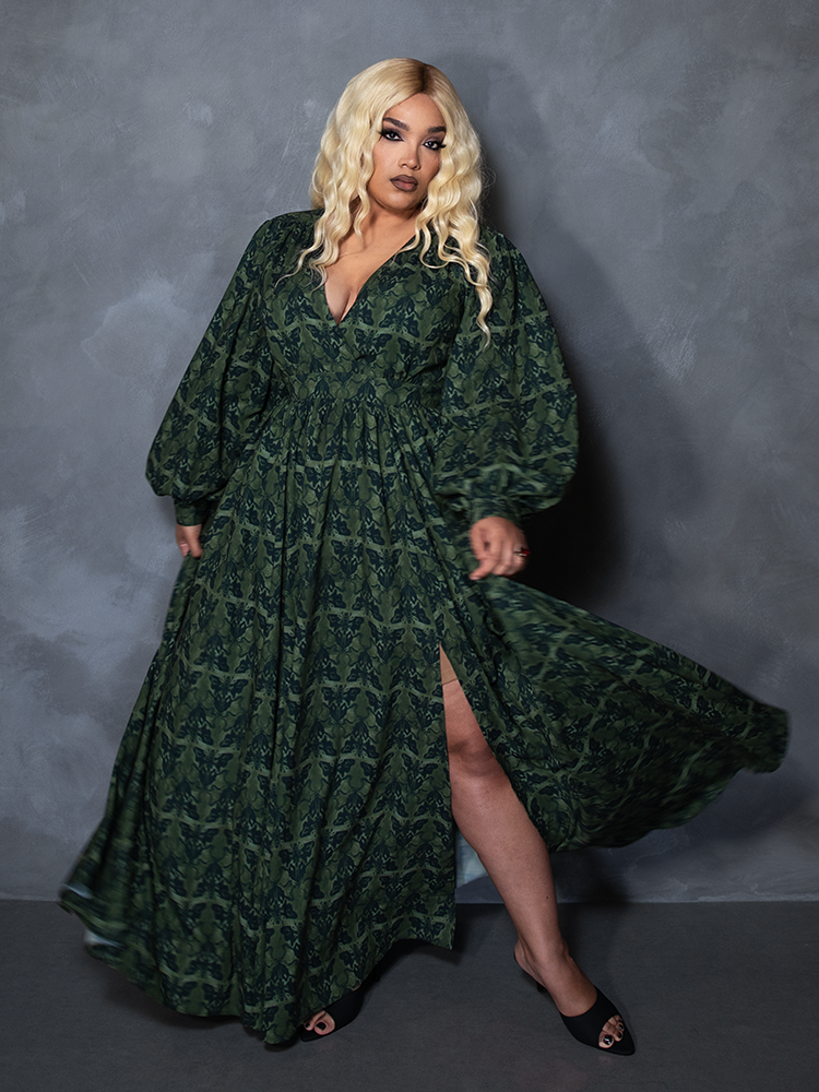 PRE-ORDER - CRIMSON PEAK Belladonna Maxi Dress in Allerdale Moth Wallpaper Print