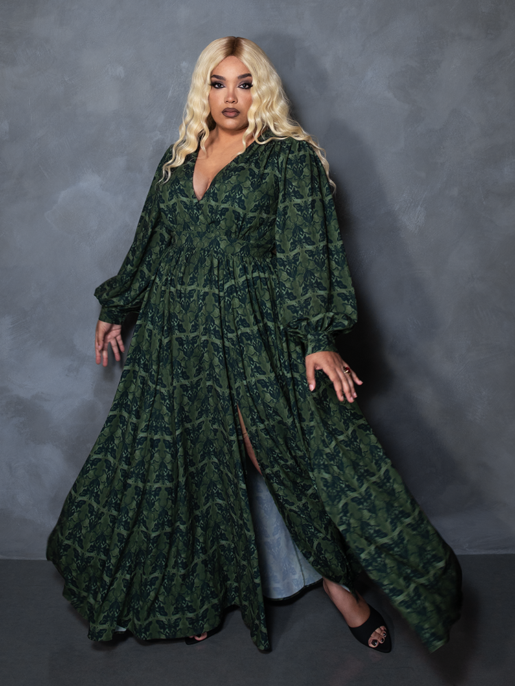 PRE-ORDER - CRIMSON PEAK Belladonna Maxi Dress in Allerdale Moth Wallpaper Print