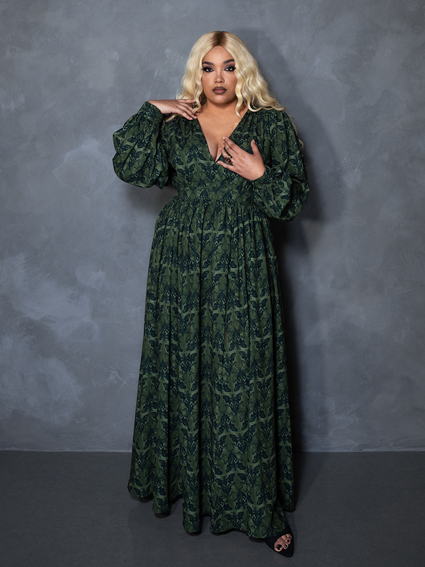 PRE-ORDER - CRIMSON PEAK Belladonna Maxi Dress in Allerdale Moth Wallpaper Print