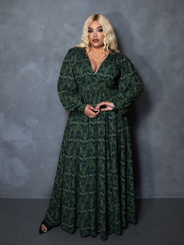 PRE-ORDER - CRIMSON PEAK Belladonna Maxi Dress in Allerdale Moth Wallpaper Print