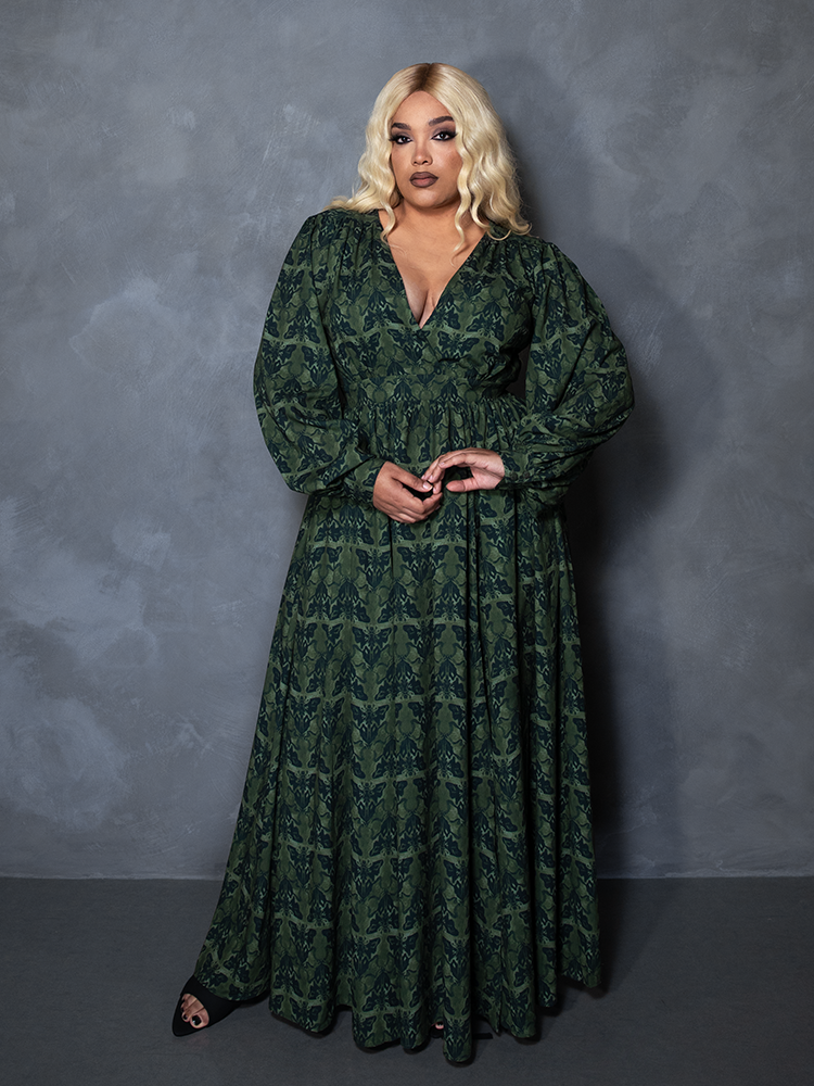 PRE-ORDER - CRIMSON PEAK Belladonna Maxi Dress in Allerdale Moth Wallpaper Print