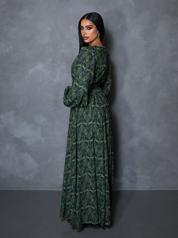 PRE-ORDER - CRIMSON PEAK Belladonna Maxi Dress in Allerdale Moth Wallpaper Print