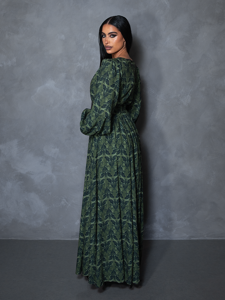 PRE-ORDER - CRIMSON PEAK Belladonna Maxi Dress in Allerdale Moth Wallpaper Print