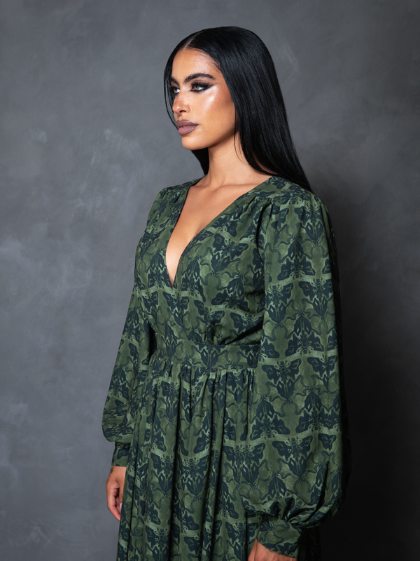 PRE-ORDER - CRIMSON PEAK Belladonna Maxi Dress in Allerdale Moth Wallpaper Print