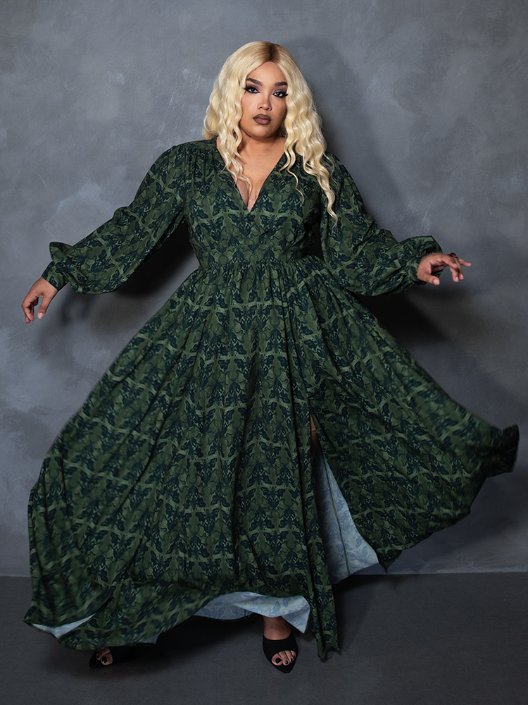 PRE-ORDER - CRIMSON PEAK Belladonna Maxi Dress in Allerdale Moth Wallpaper Print