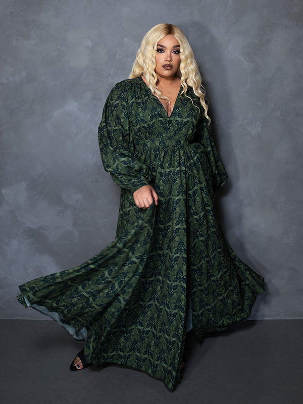 PRE-ORDER - CRIMSON PEAK Belladonna Maxi Dress in Allerdale Moth Wallpaper Print