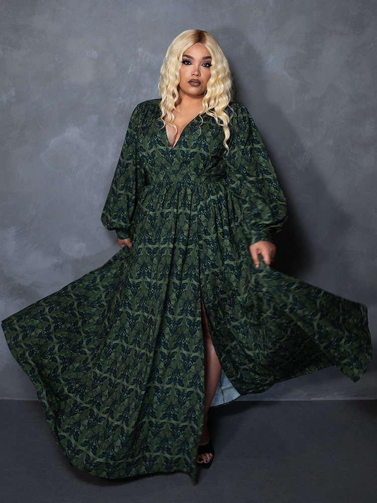 PRE-ORDER - CRIMSON PEAK Belladonna Maxi Dress in Allerdale Moth Wallpaper Print