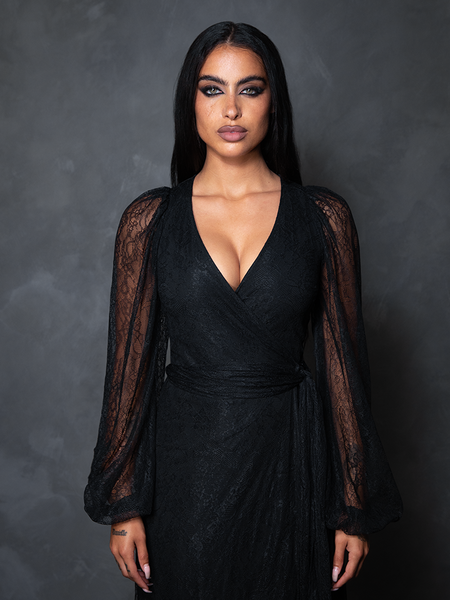 PRE-ORDER - Black Widow Wrap Gown in Black Lace