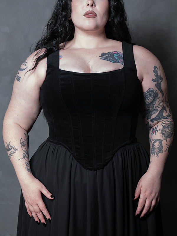 A close-up of the Countess black velvet corset, showcasing its rich, midnight-dark texture and structured boning that embodies timeless Victorian Goth elegance.