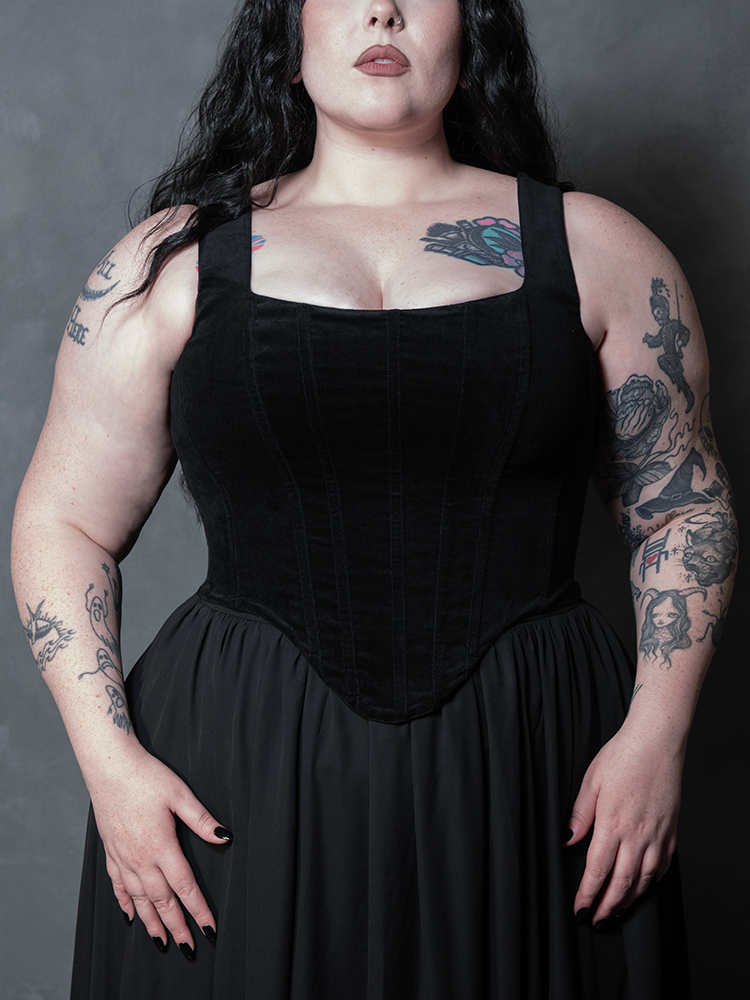 A close-up of the Countess black velvet corset, showcasing its rich, midnight-dark texture and structured boning that embodies timeless Victorian Goth elegance.