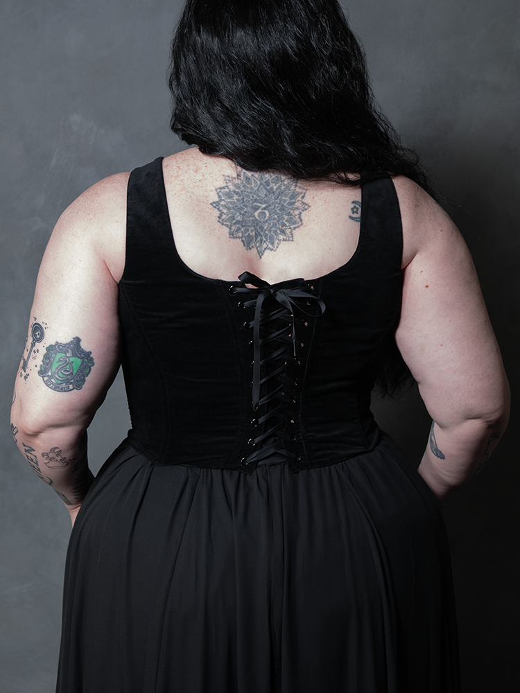 Back view of the Countess velvet corset, showing the adjustable satin lacing that weaves a tale of dark elegance and seductive mystery.