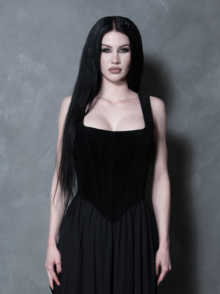 A striking final look at the Countess Black Velvet Corset, capturing the quintessential fusion of romanticism and structural artistry for the gothic queen.