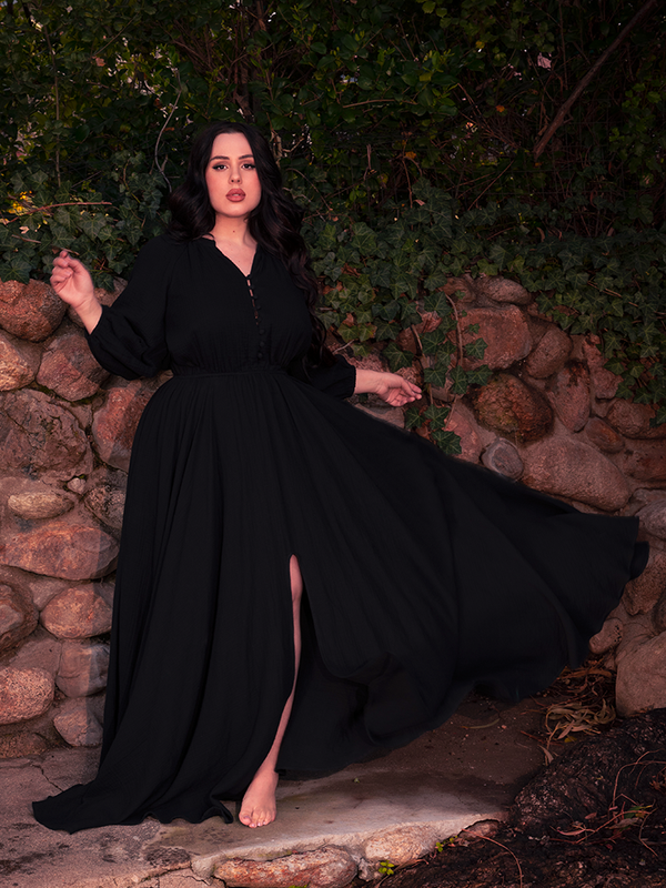 A profile of dark elegance framed by the flowing lines of a classic gothic dress.
