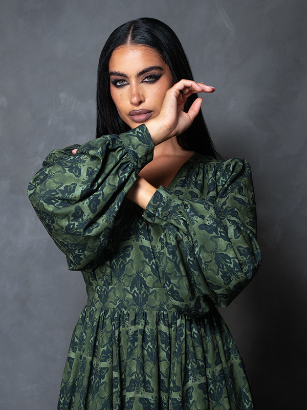 PRE-ORDER - CRIMSON PEAK Belladonna Maxi Dress in Allerdale Moth Wallpaper Print