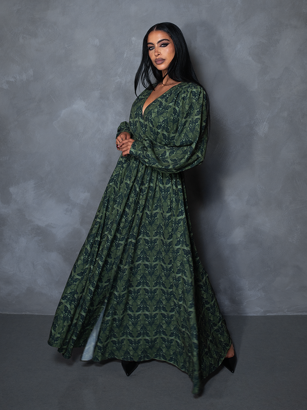 PRE-ORDER - CRIMSON PEAK Belladonna Maxi Dress in Allerdale Moth Wallpaper Print
