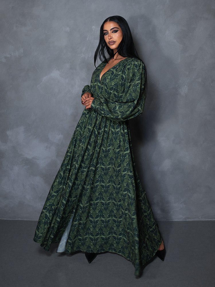 PRE-ORDER - CRIMSON PEAK Belladonna Maxi Dress in Allerdale Moth Wallpaper Print